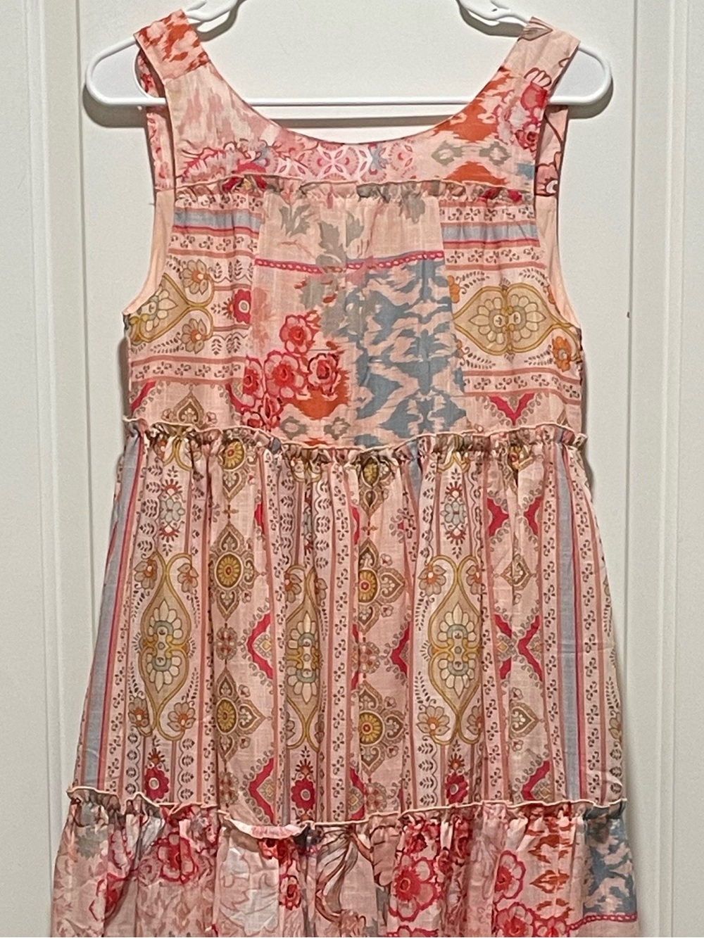 DAVI & DANI Pink Gold Blue Bohemian Printed Tiered Sleeveless Maxi Dress Sz Sm - Picture 3 of 11